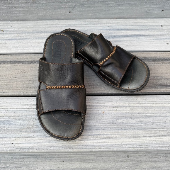 Born Mens Size 10/44 FloresBlack Leather and Tan Stitched Beach Vacation Sandals - Picture 1 of 17